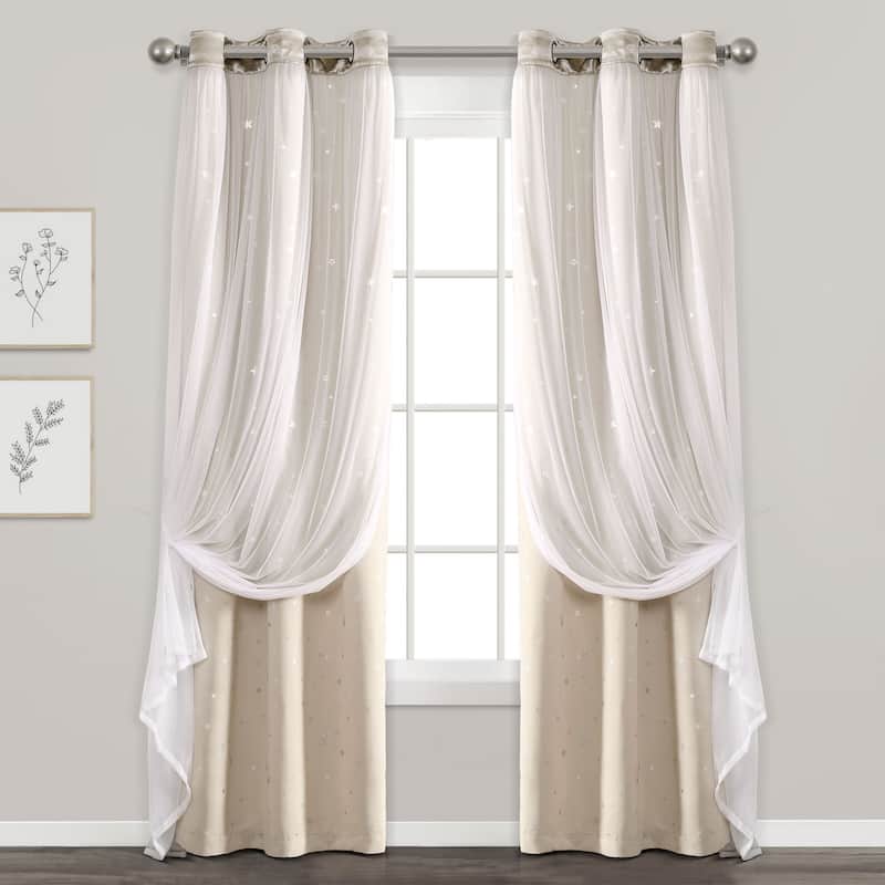 Lush Decor Star Sheer Insulated Grommet Blackout Window Curtain Panel Pair - 84 Inches - Neutral