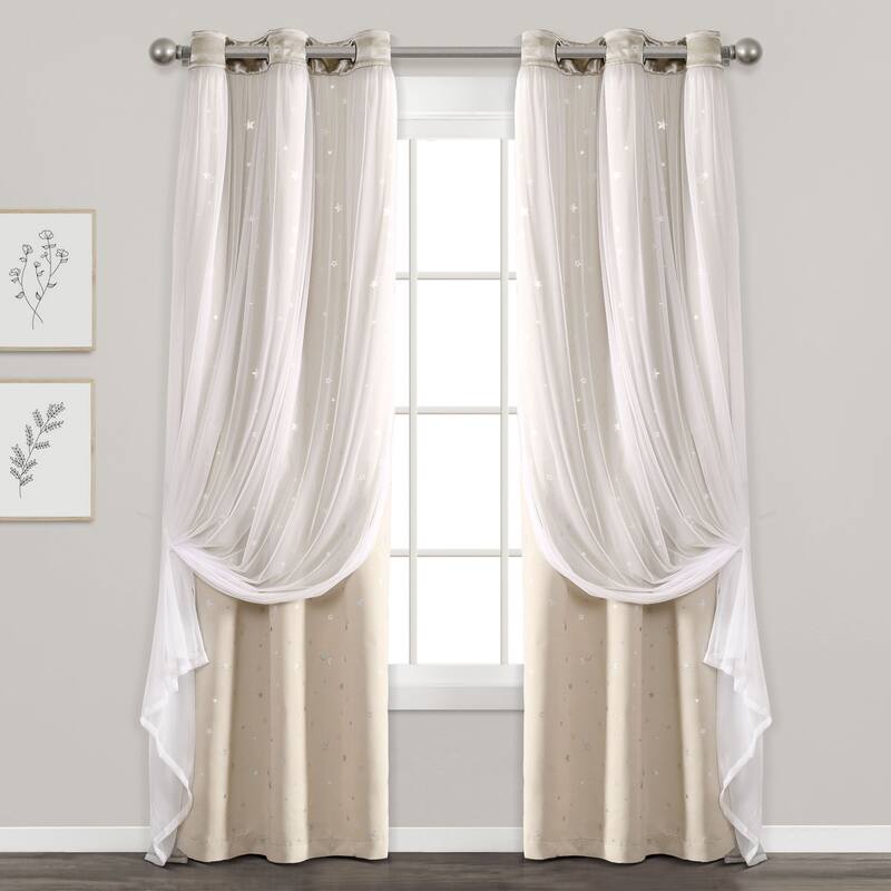Lush Decor Star Sheer Insulated Grommet Blackout Window Curtain Panel Pair - 84 Inches - Neutral