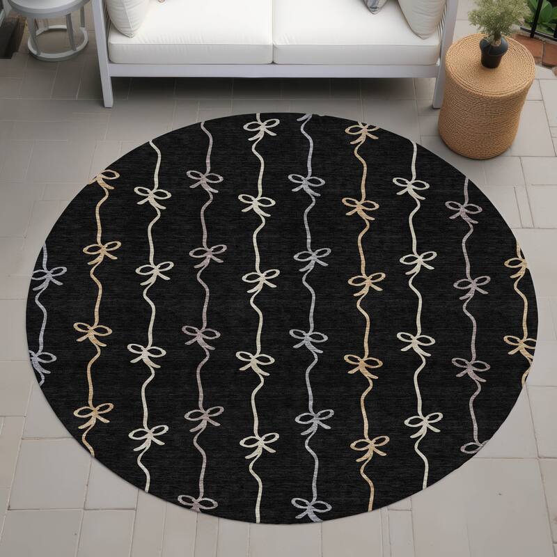 Machine Washable Indoor/ Outdoor Modern Bow Stripe Chantille Rug - Black - 8' x 8'