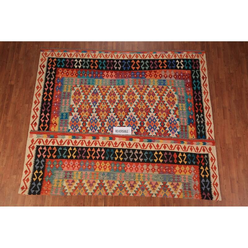 Reversible Kilim Area Rug Bedroom Hand-Woven Wool Carpet - 8'5" x 9'10"