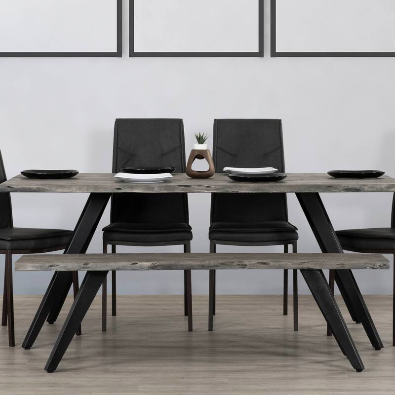60 Inch Modern Dining Bench, Acacia Wood Table, Live Edge, Iron Legs, Gray, Black