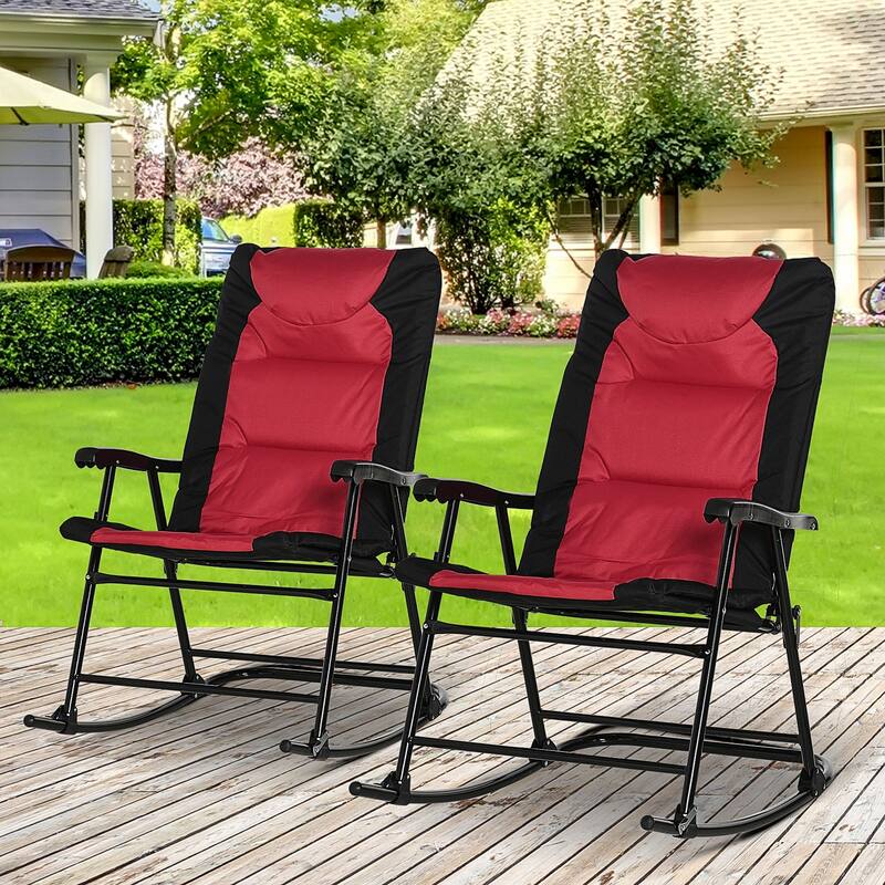 Outsunny 2 Piece Outdoor Patio Furniture Set with 2 Folding Padded Rocking Chairs, Bistro Style for Porch, Camping, Balcony