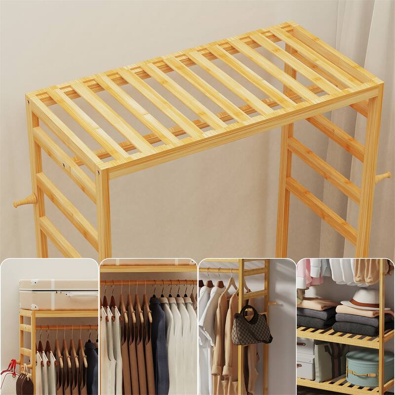 3 tier Movable Wood Clothes Rack Stand with Shelves Durable Side Hooks