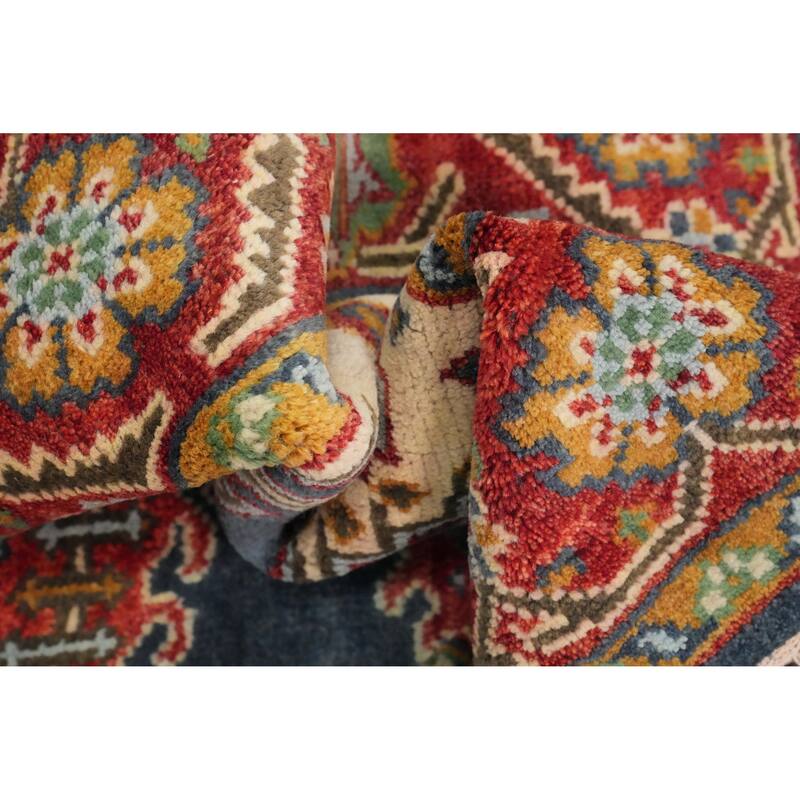 Hand Knotted Oriental 100% Wool Carpet Traditional Geometric Navy Blue & Blues Viss Area Rug - 8' 11'' X 5' 11''