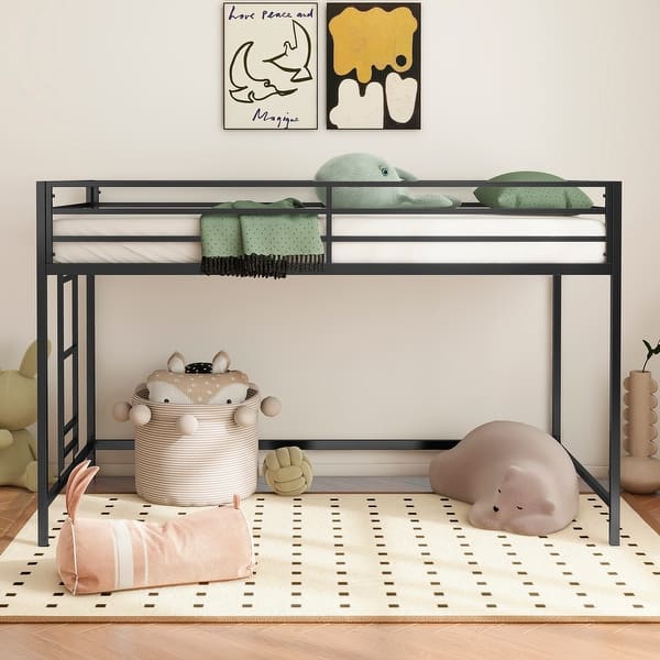 slide 2 of 15, Twin Size Metal Loft Bed with Elevated Design, Secure Guardrails, Noise-Reducing Slats, and Easy-Climb Ladder Black