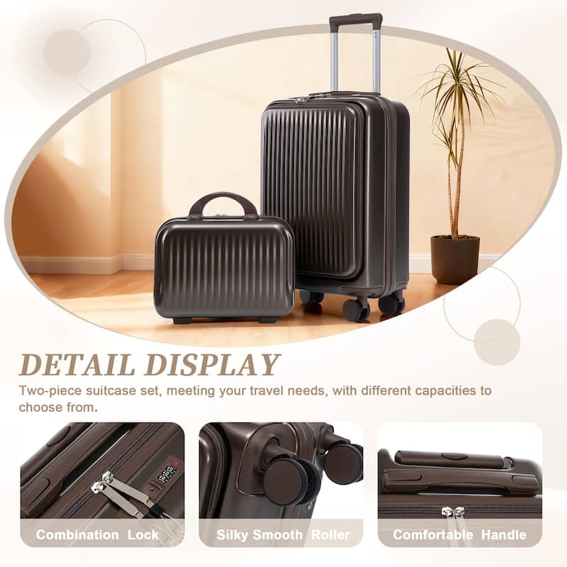 14"/20" 2 pcs/set in ABS Spinner Wheel Luggage, with Combination Lock and Front Opening Design, 14" Cosmetic Case