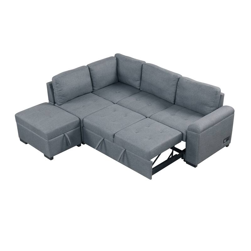84.75" Velvet L-Shaped Sectional Sofa with Storage Ottoman, USB & Hidden Storage