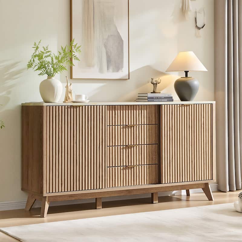 Modern fluted 2 Doors Dresser, 4 Wood Chest of Drawers for Living Room - Oak