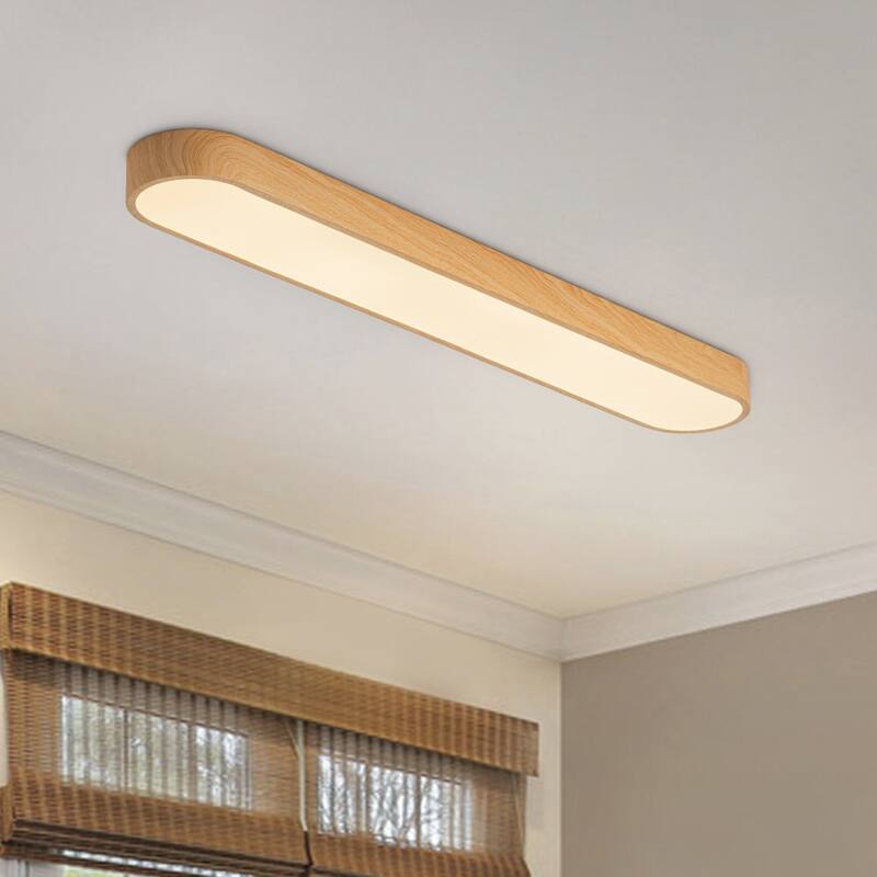 Dimmable LED Ceiling Light Faux Wood Grain Long Oval Flush Mount - Natural