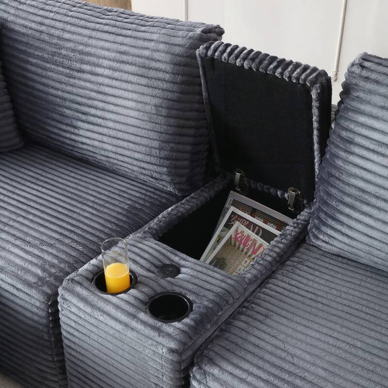 Modular Sectional Sofa, Deep Seat Corduroy Cloud Couch with Cup Holders, USB Ports & Storage Box