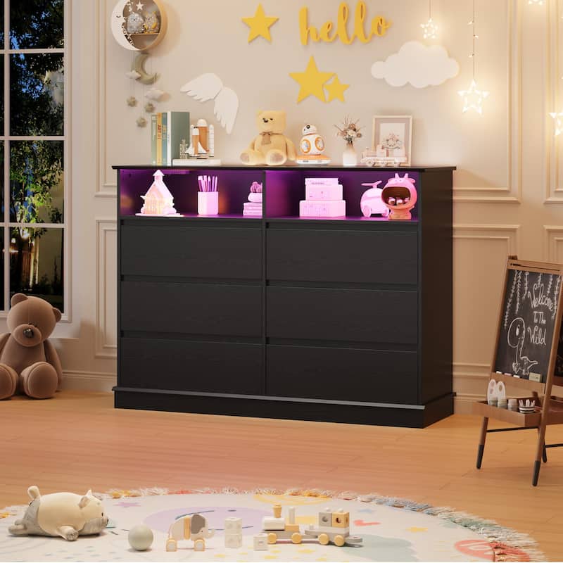 6 Drawer Dresser with LED Lights & Charging Station, Modern Chest of Drawers with Open Shelf