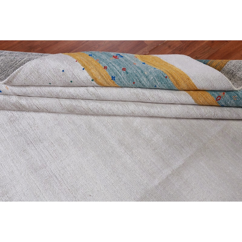 Hand Knotted Oriental 100% Wool Carpet Tribal Stripe Greys & Charcoal Gabbeh Area Rug - 12' 0'' X 9' 2''