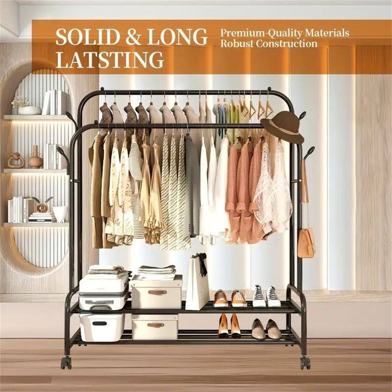 Heavy-Duty Rolling Metal Garment Rack with Dual Bars