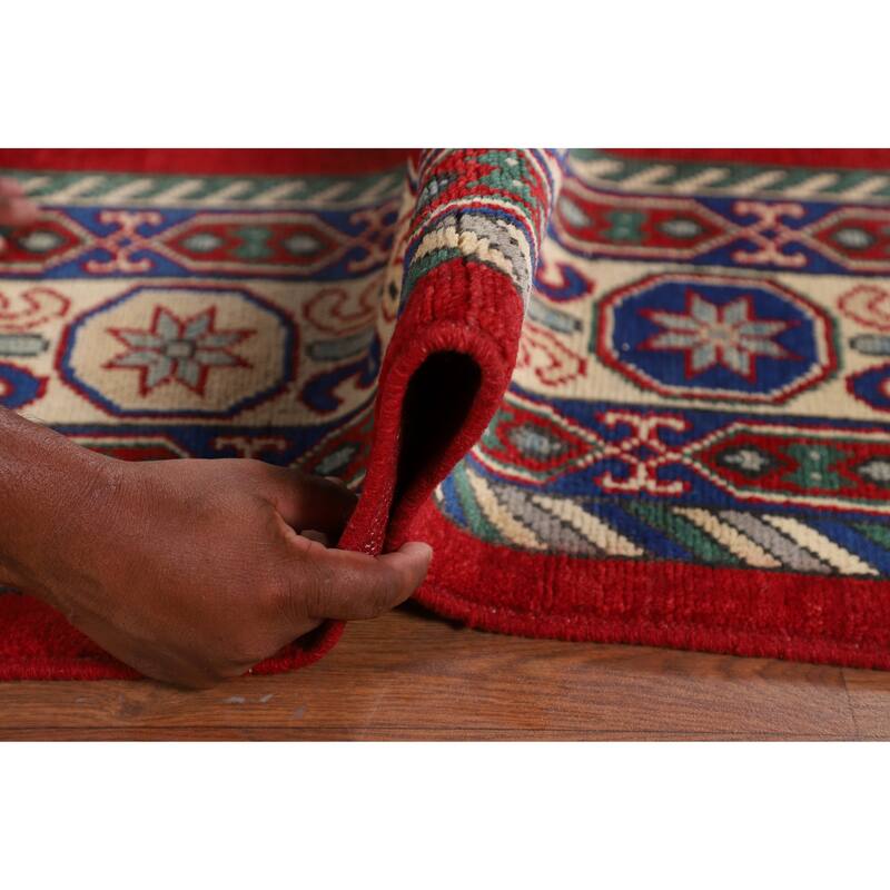 Red Geometric Kazak Oriental Area Rug Handmade Wool Carpet - 6'6" x 9'7"