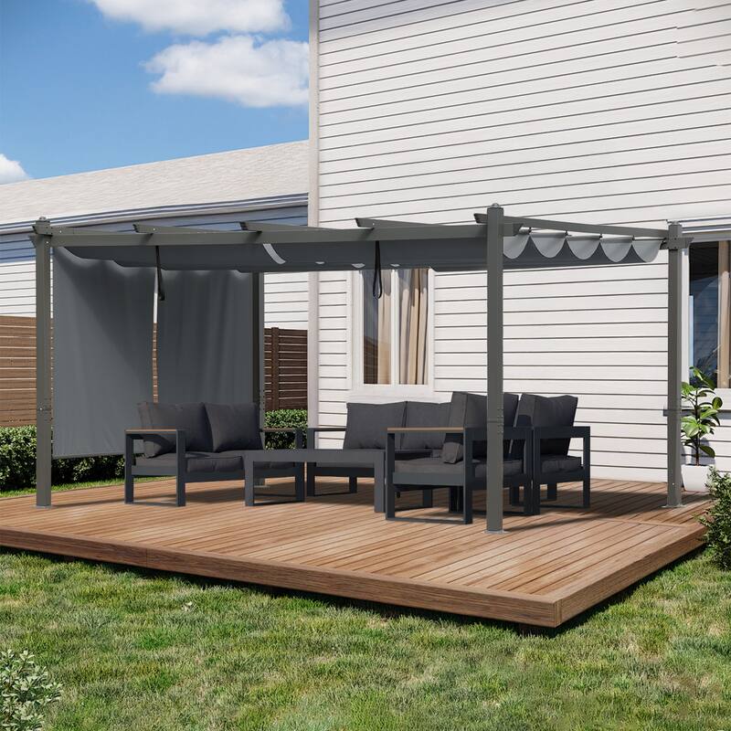 Aoodor Outdoor Pergola with Aluminum Frame & Retractable Canopy - 12 x 14 ft - Grey