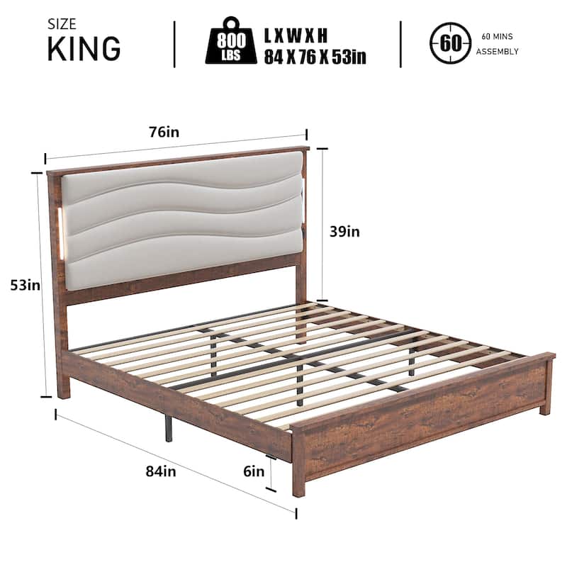 King Size Bed Frame with Upholstered Headboard, Charging Station