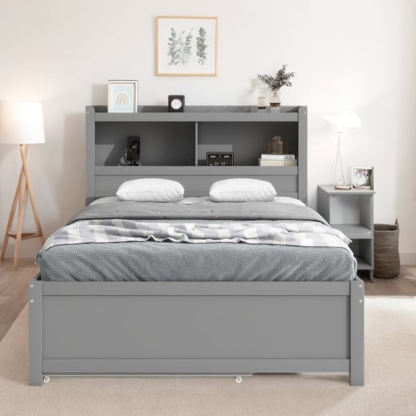 slide 2 of 12, Full Size Platform Bed Frame with Trundle, Storage Drawers, USB Ports, and Shelves for Bedroom, Easy to Assemble, Grey Grey