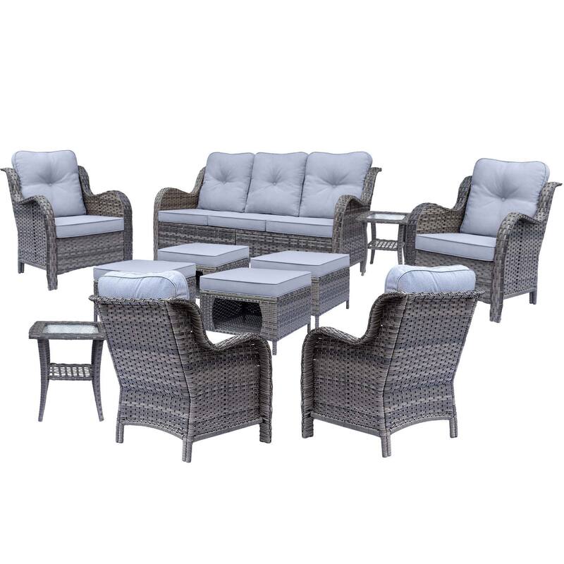 Gray Rattan Wicker High Back Outdoor Patio Furniture Sofa Seating Set