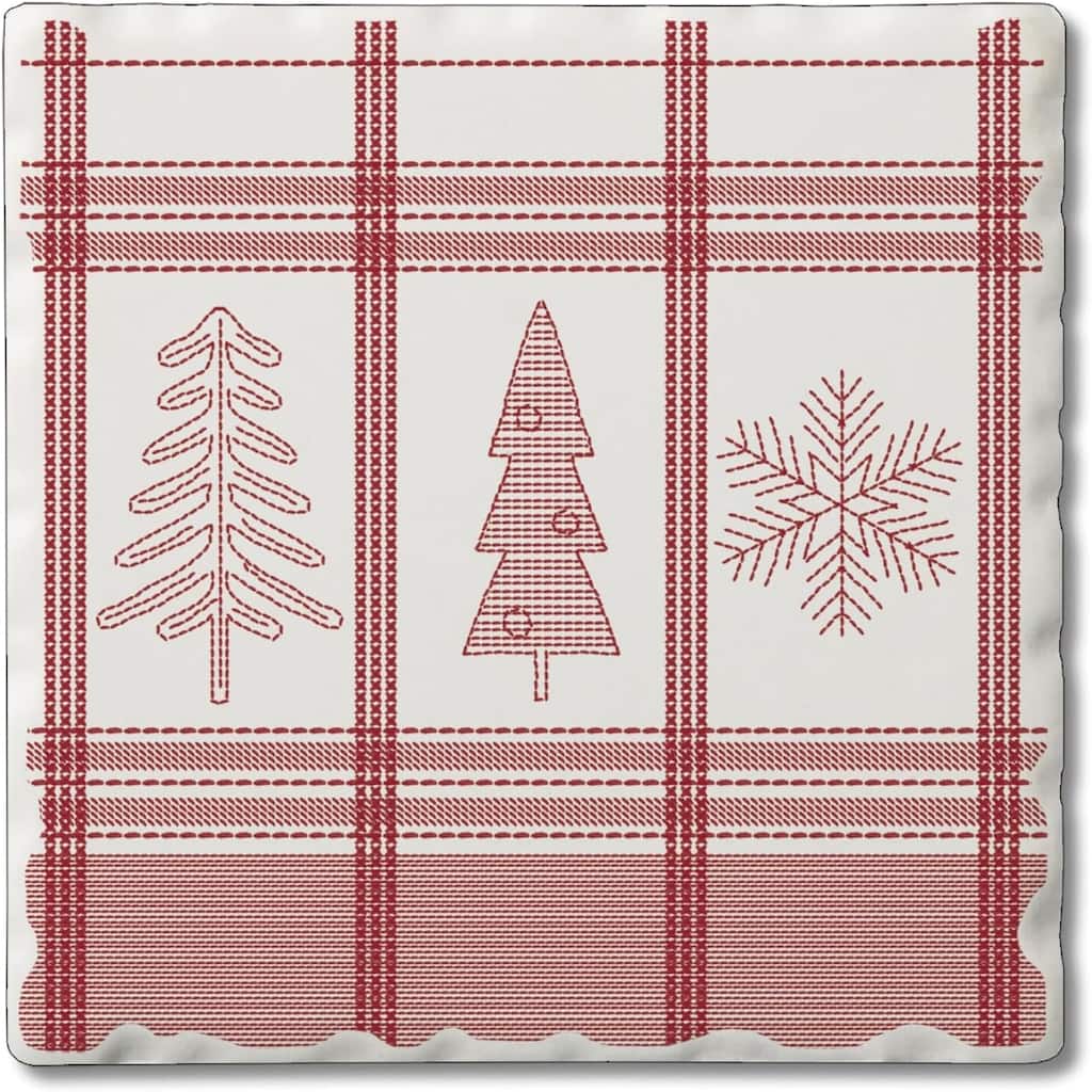 Red Winter Plaid 4 Pack Absorbent Stone Coaster with Protective Cork Backing Made in The USA 4" Square, Easily Wipes Clean
