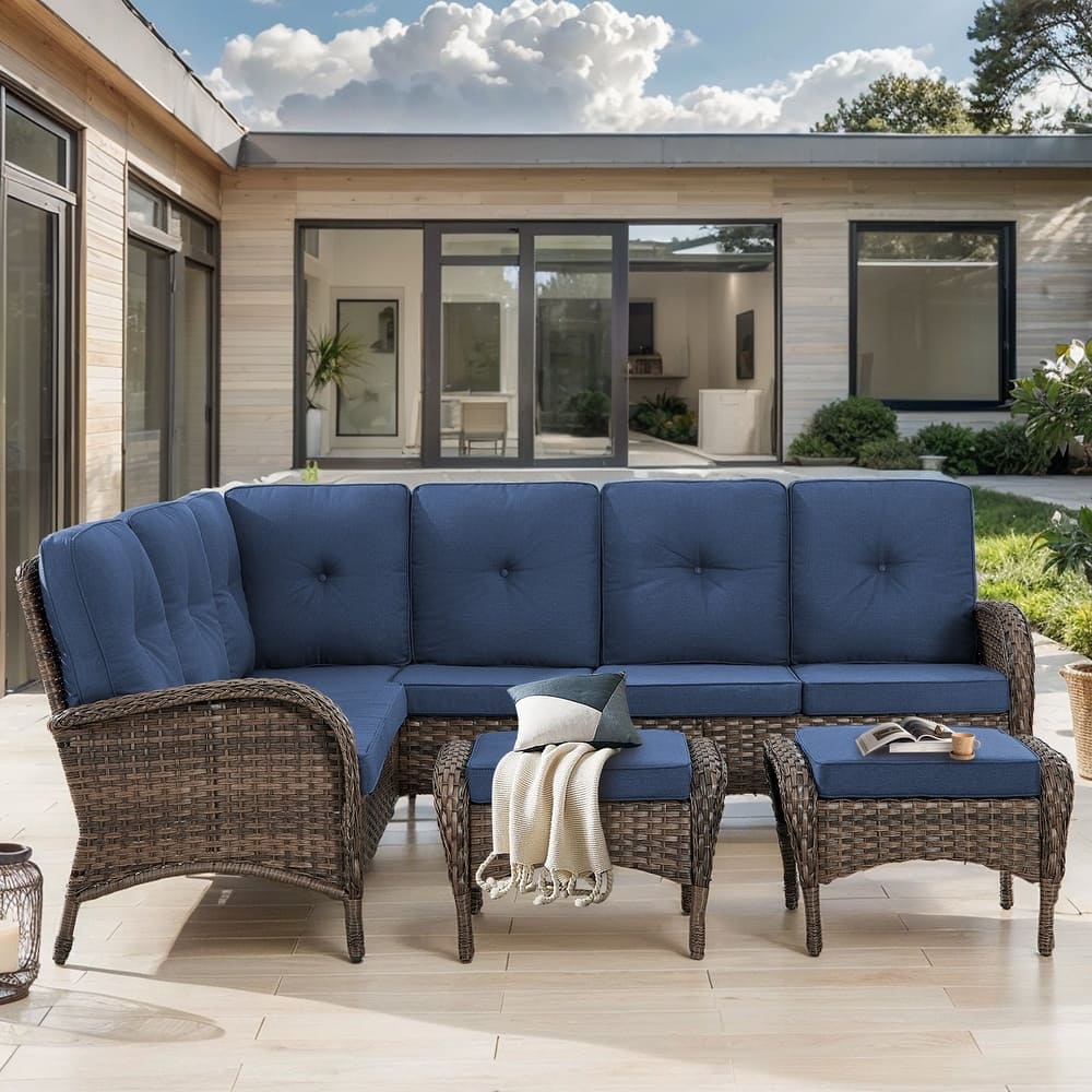 Gymojoy L-Shaped Outdoor Sectional Sofa Set with Wicker Ottomans