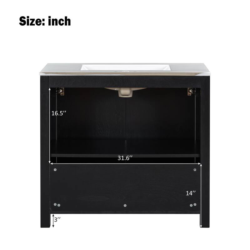 36" Rustic Bathroom Vanity Cabinet with Ceramic Sink -Solid Wood Freestanding Organizer with Soft Close Doors.