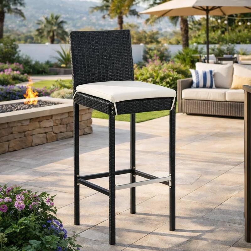 Nyra Outdoor Barstool Chair Set of 2, Cream Cushions Black Poly Rattan