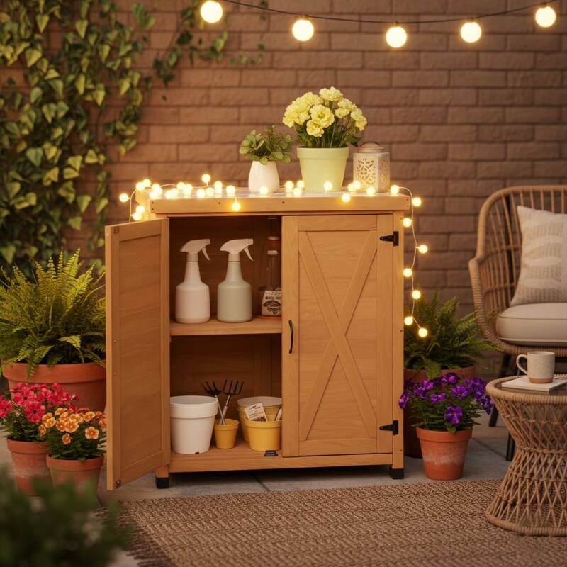 Outdoor Potting Bench with Storage Cabinet, Metal Top & Workstation