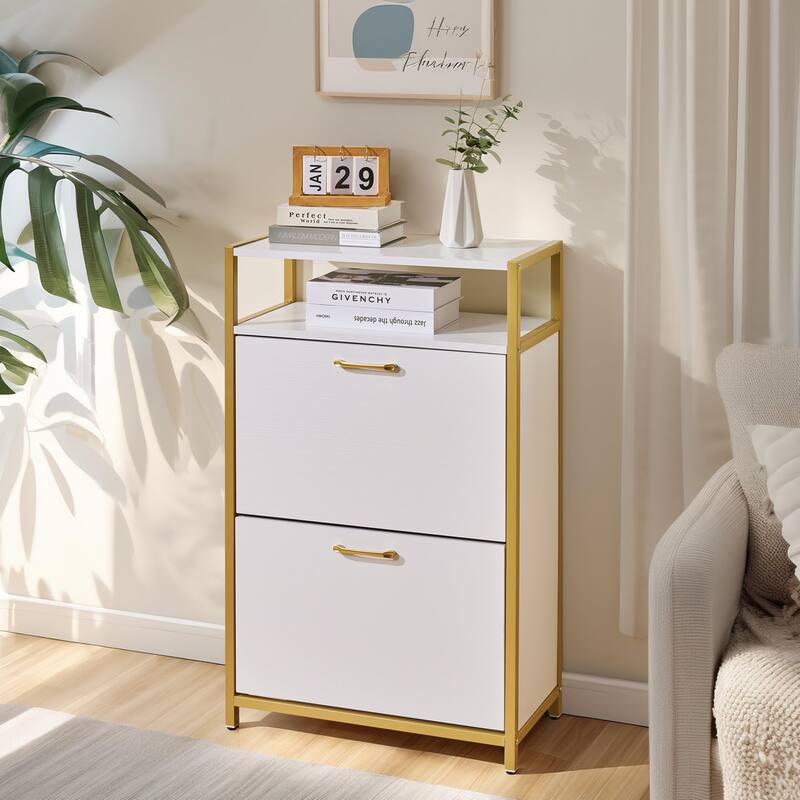 Javlergo Shoe Cabinet with 2 Flip Drawers, Freestanding Shoe Storage Organizer with Metal Legs for Entryway