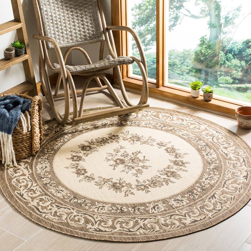 SAFAVIEH Courtyard Berendje Indoor/ Outdoor Waterproof Patio Backyard Rug - 6'7" Round - Creme/Brown