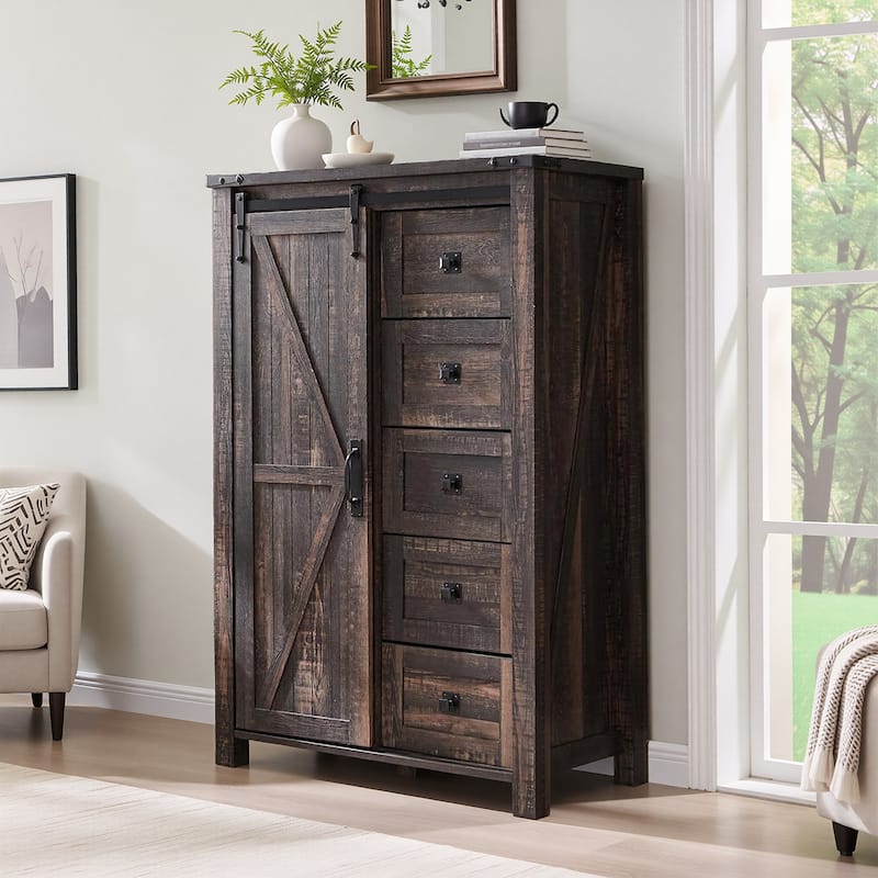 Farmhouse 5 Drawers Dresser, Vintage Chest of Drawers with Barn Door - Dark Rustic Oak