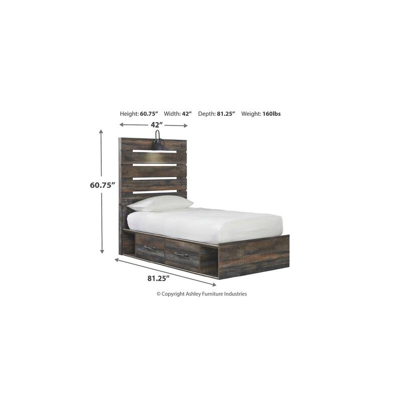 Drystan Rustic Brown Panel Bed with 2 Under Bed Storage Drawers