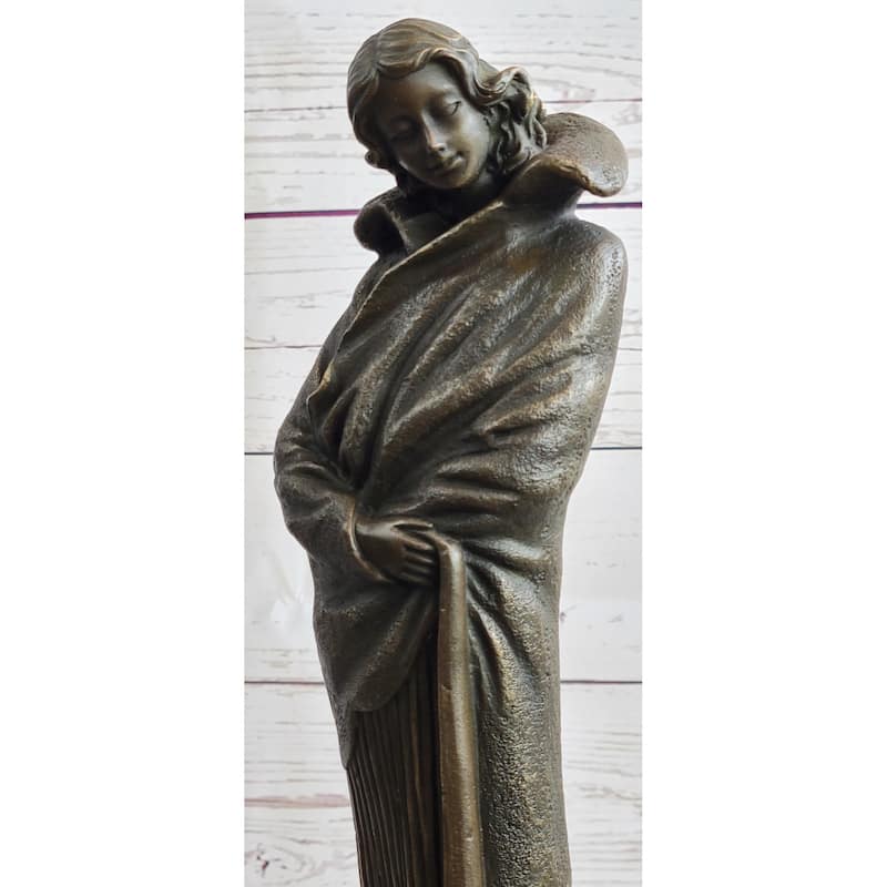 Art Deco Young Woman With Long Jacket Bronze Sculpture Marble Base Figurine 16 Inches X 5 Inches