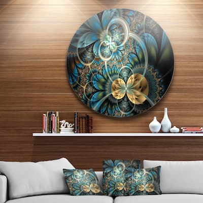 Designart 'Symmetrical Blue Gold Fractal Flower' Digital Art Circle Metal Wall Art