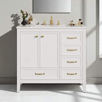 36" Bathroom Vanity with Ceramic Sink, Soft-Closing Door & 4 Drawers, Solid Wood Frame & Legs