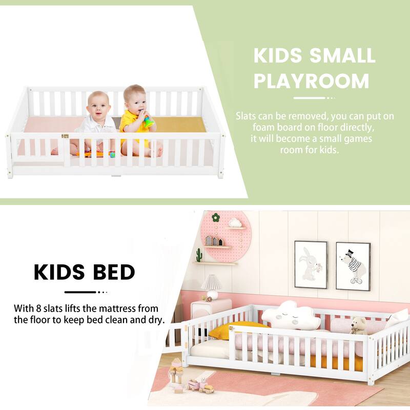 Twin/Full/Queen Size Floor Bed with Safety Guardrails for Kids, Wood Montessori Bedframe w/ Door, Children's Noiseless Beds