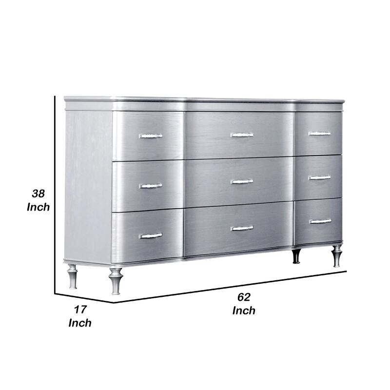 Eleena 6 Drawer Wide Dresser, Silver Solid Wood Frame, Acrylic Handles