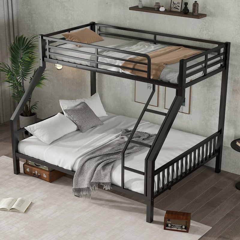 Twin XL Over Queen Metal Bunk Bed with Ladder and Slats Support for Adults Teens, Black, (Old SKU W2580S00003)