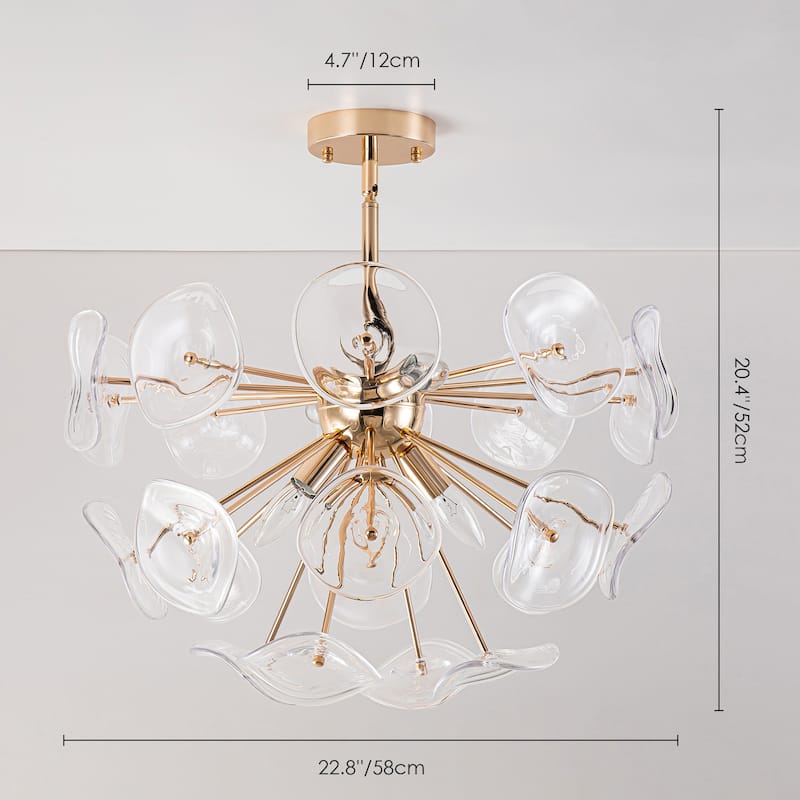 Arvill 4-Lights Modern Firework Starburst Glass Semi-Flush Mount in Gold