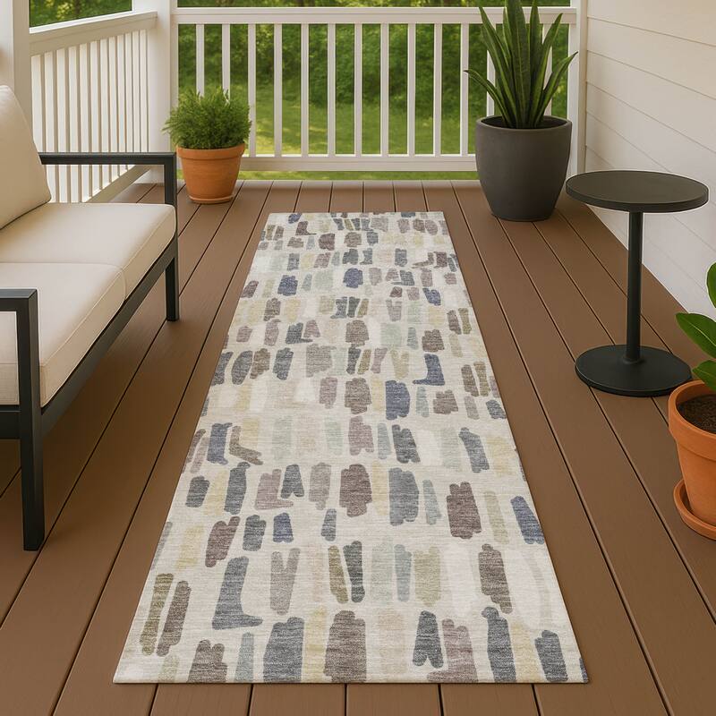 Machine Washable Indoor/ Outdoor Modern Mosaic Chantille Rug - Linen - 2'3" x 7'6"