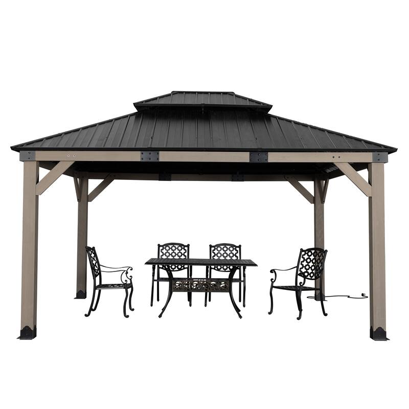 Aoodor 12' x 14' Wood Gazebo, Upgrade Cedar Wooden Frame Gazebo with 2-Tier Galvanized Steel Roof and Outlets - 12'x14'
