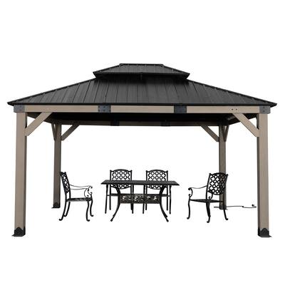 Aoodor 12' x 14' Wood Gazebo, Upgrade Cedar Wooden Frame Gazebo with 2-Tier Galvanized Steel Roof and Outlets