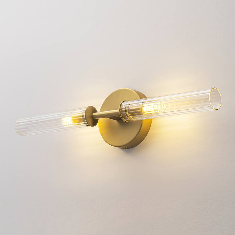 2-Light Mid-Century Modern Brushed Gold/Matte Black Finish Linear Vanity Light with Clear Striped Glass for Bathroom