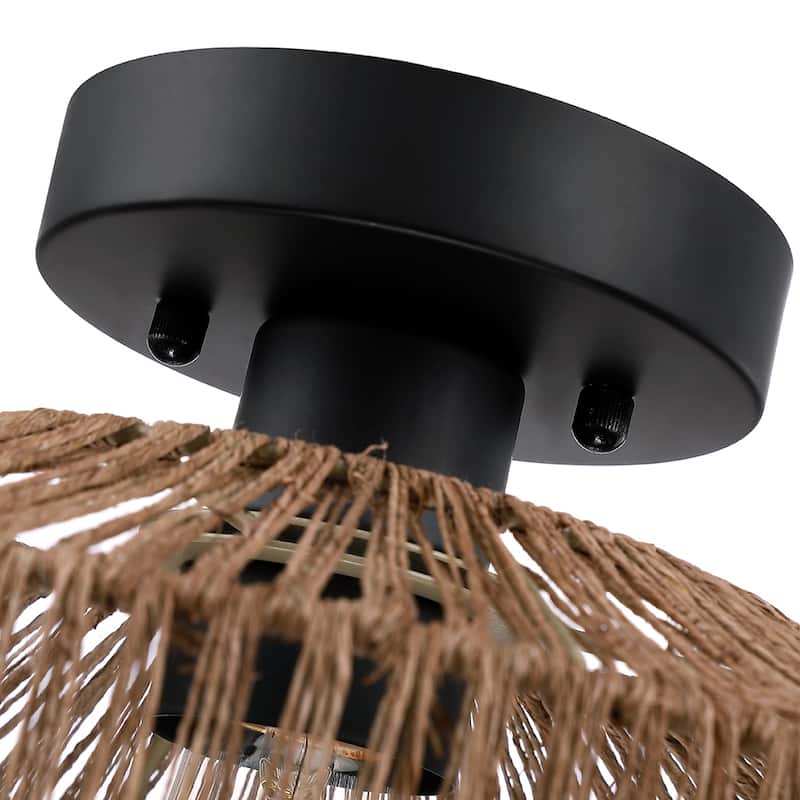 True Fine Bohemian Natural Jute Rope Semi Flush Mount Ceiling Light with Black Hardware