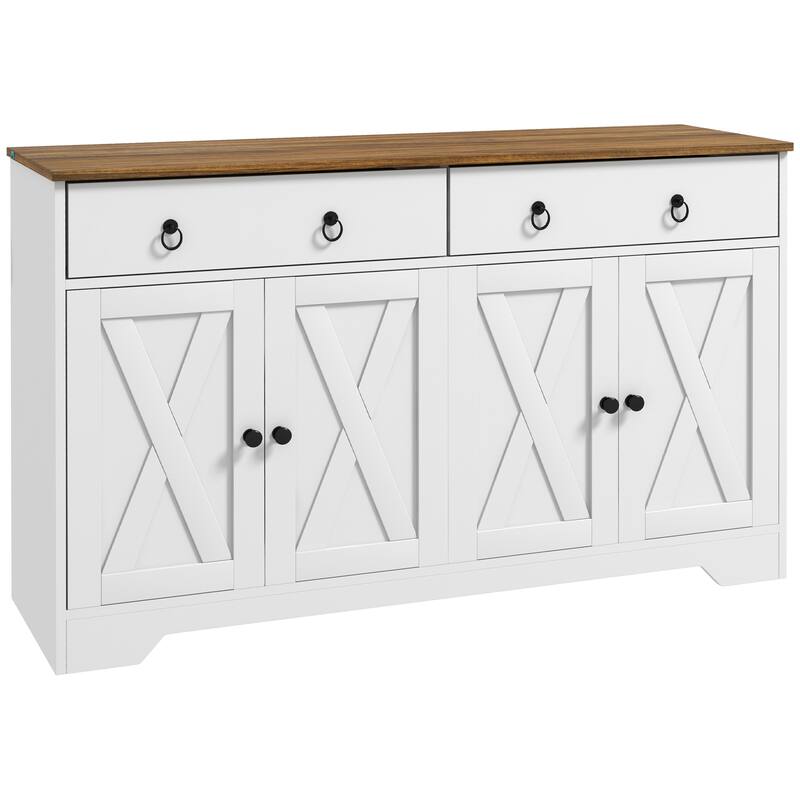 Sideboard,Buffet Cabinet with 2 Drawers,4 Barn-Style Doors and Adjustable Shelves - White