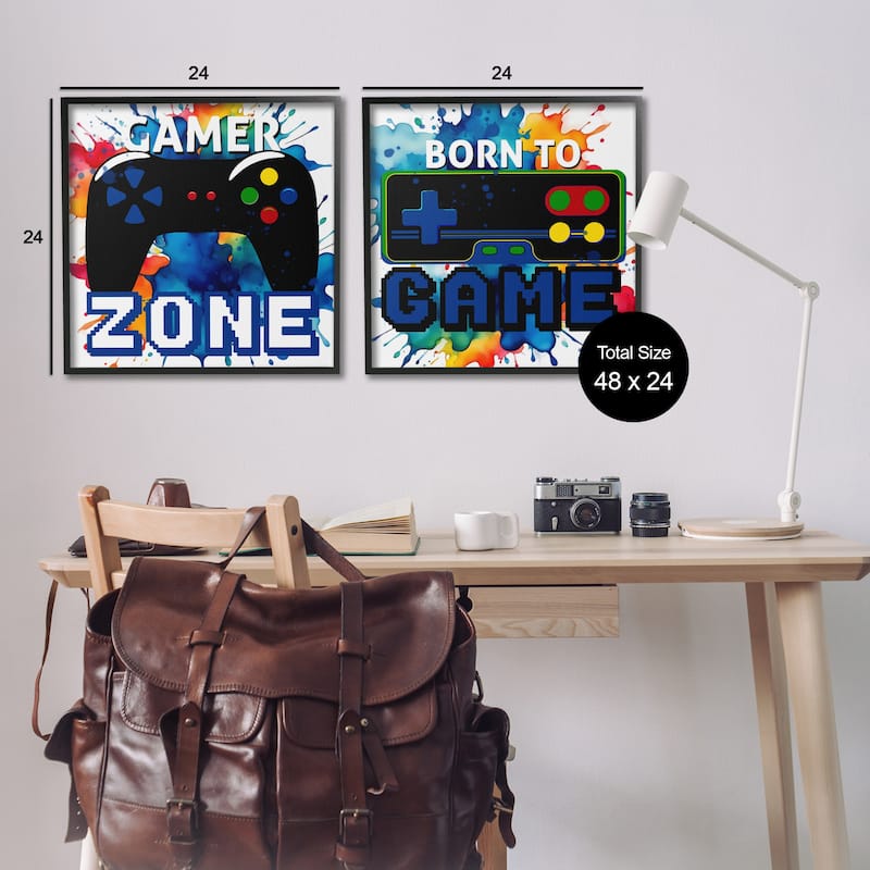 Stupell Gamer Zone on Splash Framed Giclee Art Design By Kim Allen (Set of 2)