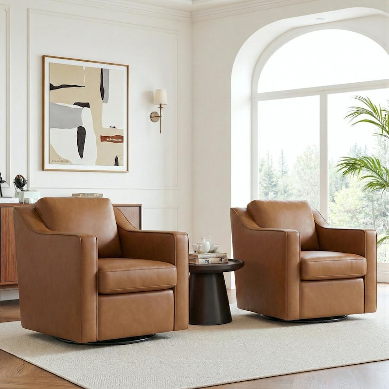 2 Set Modern Swivel Accent Arm Chair for Living Room - Brown-Vegan Leather