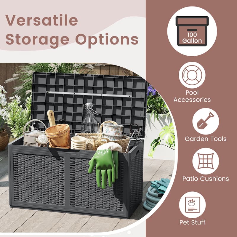 100 Gallon Outdoor Lockable Lid Deck Box with Wheels and Bench Seating for Patio Storage or Backyard Use
