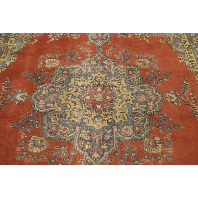 Hand Knotted Oriental 100% Wool Carpet Traditional Floral Oranges & Rust Tabriz Area Rug - 9' 10'' X 6' 7''