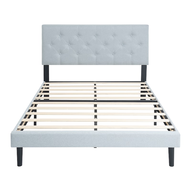 Light Grey Queen Size Upholstered Bed Frame with Button Tufted Linen Headboard