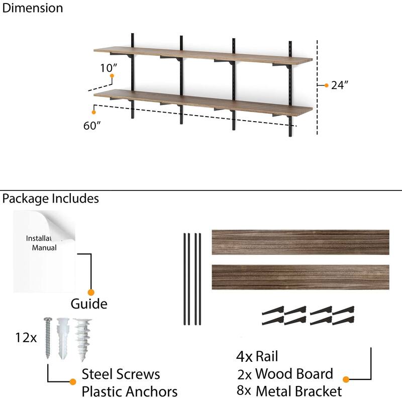 Wallniture Turin 60" Floating Shelves, Wall Bookshelf, Wood Shelf with Adjustable Brackets, Farmhouse, Tier & Finish Options
